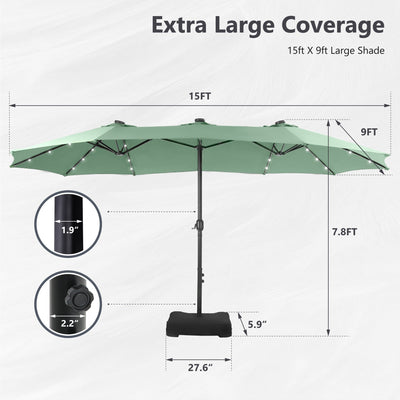 MAISON ARTS 15-foot Rectangular Crank Double-sided Outdoor Market Umbrella Solar LED Lighted Patio Umbrella with Base Included