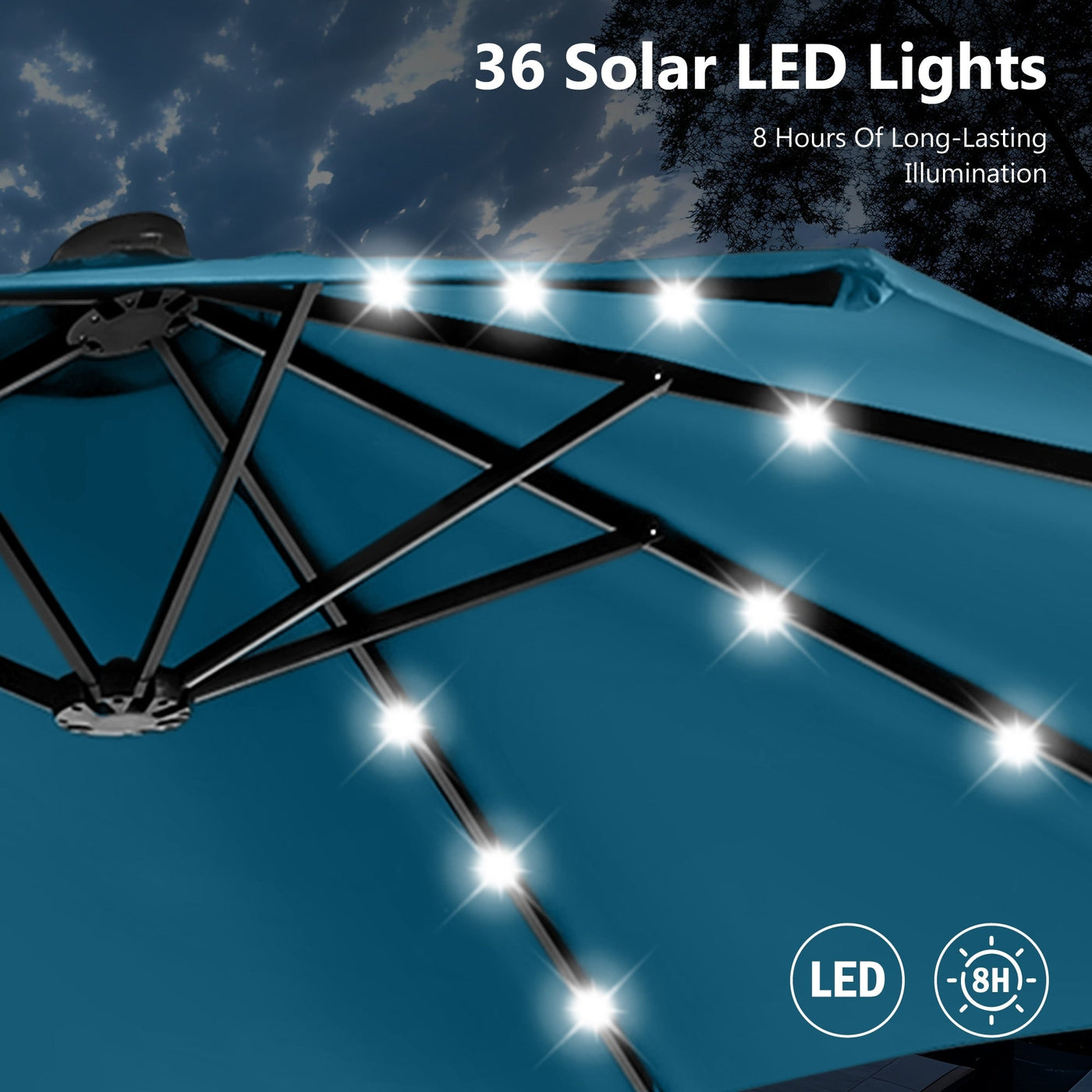 MAISON ARTS 15-foot Rectangular Crank Double-sided Outdoor Market Umbrella Solar LED Lighted Patio Umbrella with Base Included