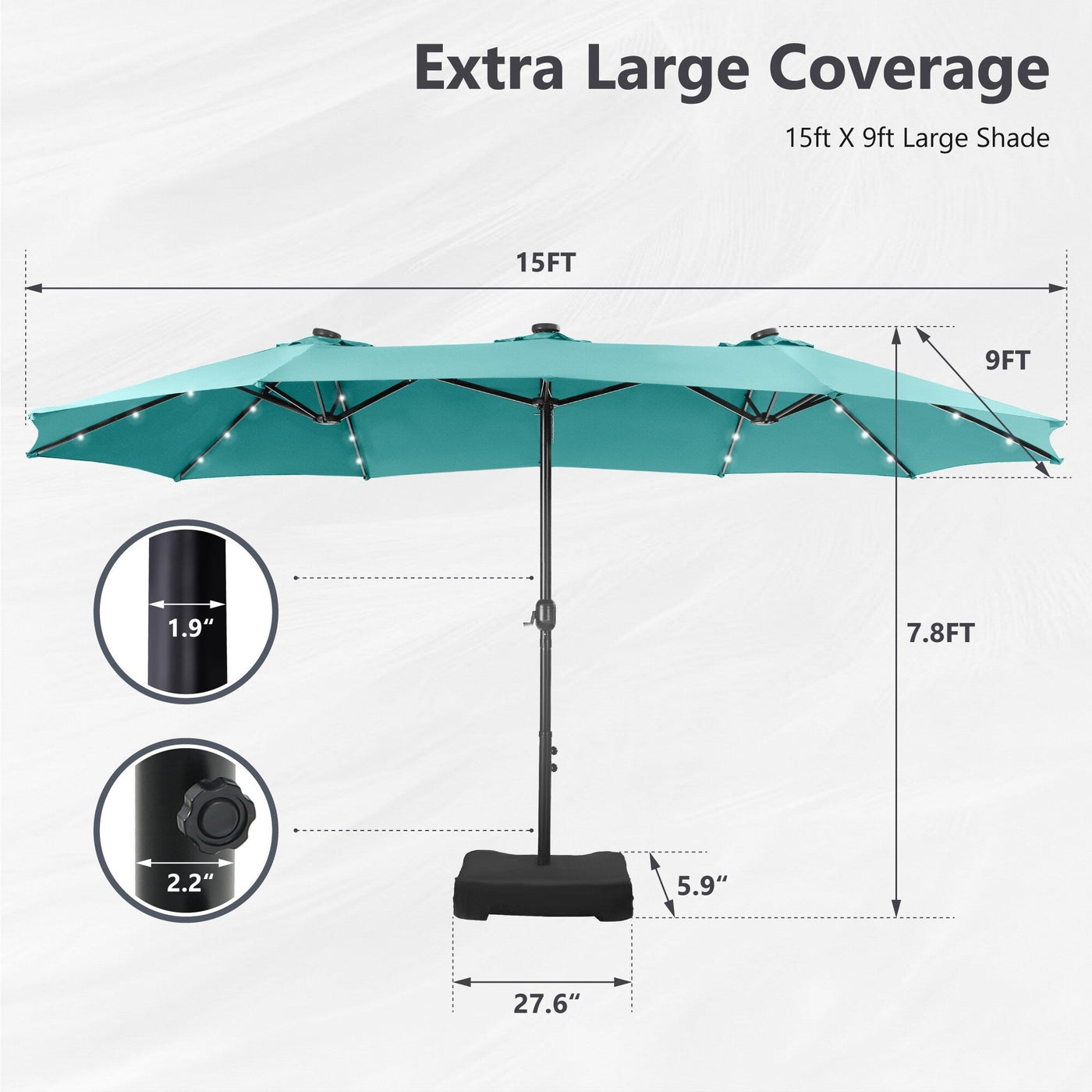MAISON ARTS 15-foot Rectangular Crank Double-sided Outdoor Market Umbrella Solar LED Lighted Patio Umbrella with Base Included