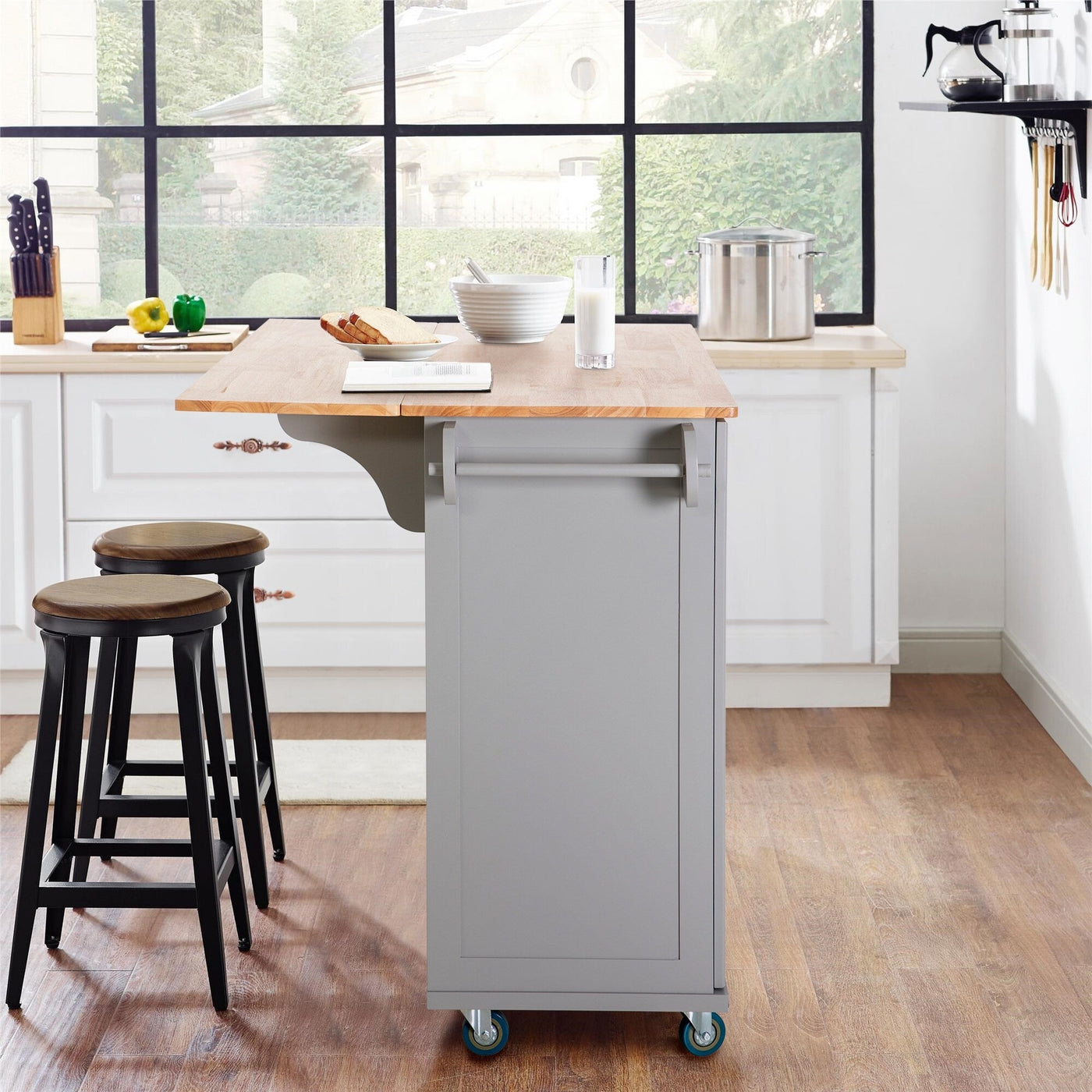 Sophia & William Kitchen Island Cart with Drop-Leaf and Rubber Wood Top, Rolling Kitchen Trolley Cart with Large Storage Cabinet