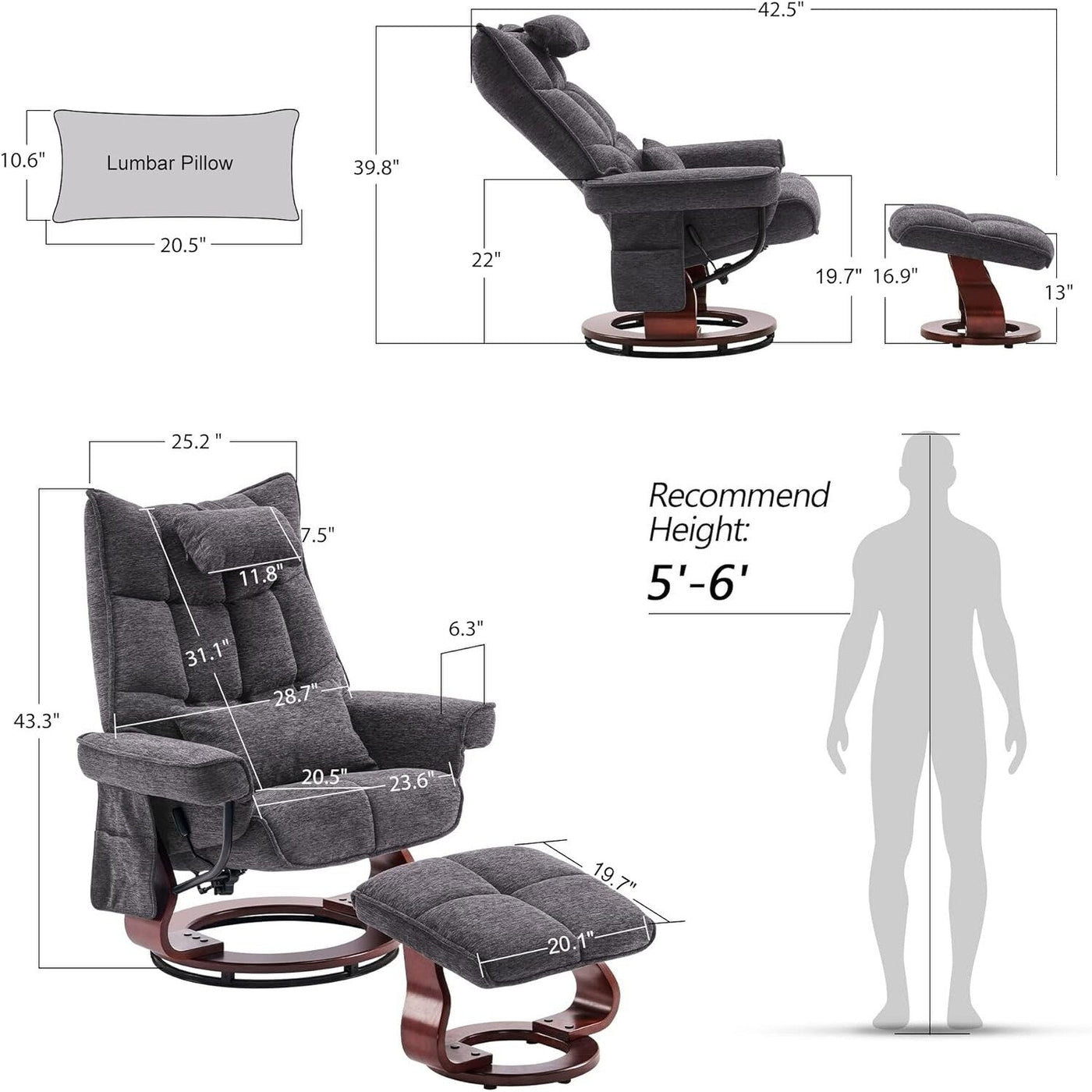 MCombo Set of 2 Swivel Recliner with Ottoman and Neck Pillow,Chenille Fabric