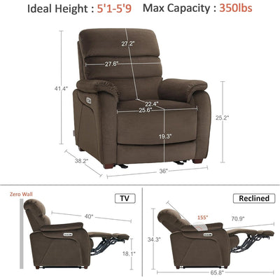 MCombo Zero Wall-Hugger Power Recliner Chair with Adjustable Headrest, Perfect for Small Spaces and RV, Fabric ST257