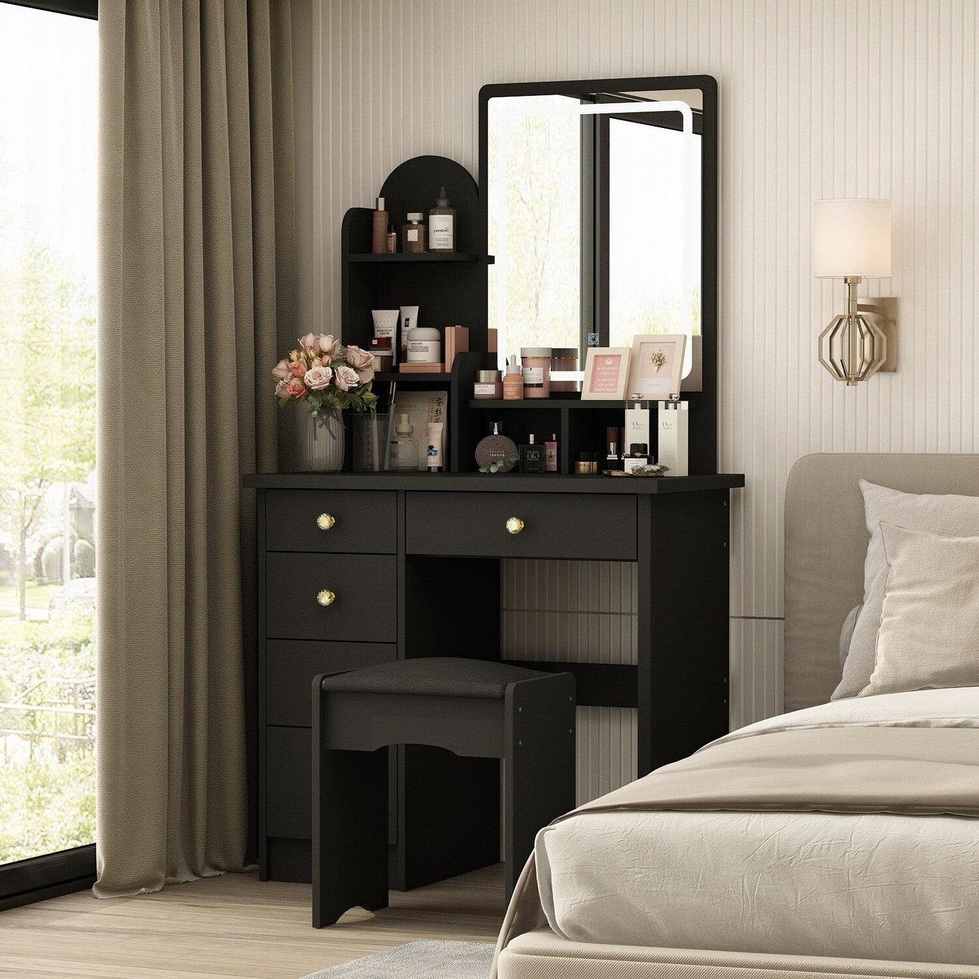 Makeup Vanity Set Table With LED Light &Mirror & Stool