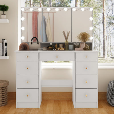 Makeup Vanity w/Tri-Fold Mirror Certified Lighting Glass Top Dresser