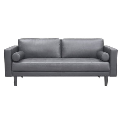 Modern Genuine Leather Sofa with Wooden Legs & Additional Bolster Pillow
