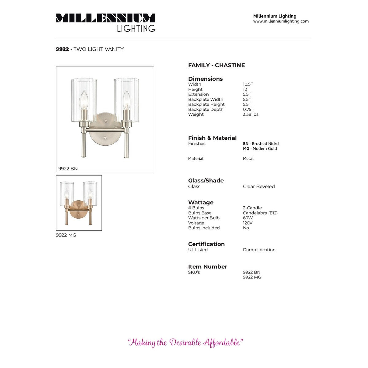 Millennium Lighting Chastine Bathroom Vanity Light Fixture with Clear Beveled Glass Shades