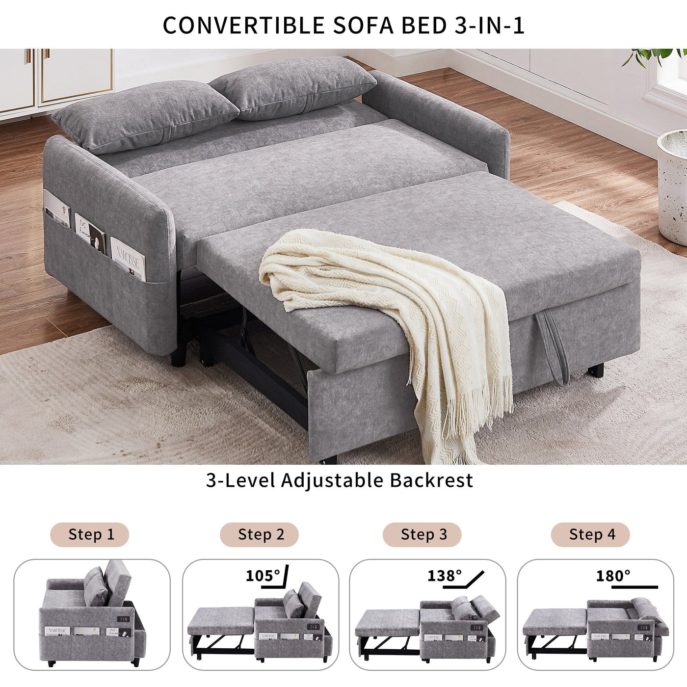Modern 2 Seat Couch, Microfiber Pull Out Sleep Sofa Bed wih Adjsutable Backrest, Storage Pockets, 2 Soft Pillows, USB Ports