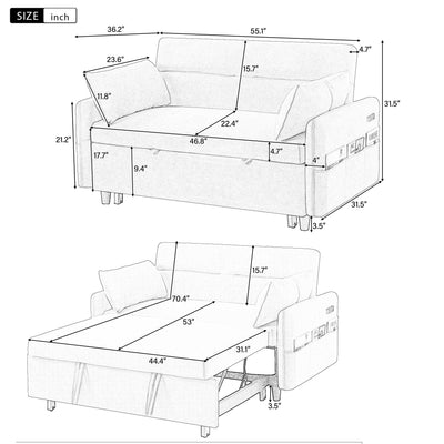 Modern 2 Seat Couch, Microfiber Pull Out Sleep Sofa Bed wih Adjsutable Backrest, Storage Pockets, 2 Soft Pillows, USB Ports