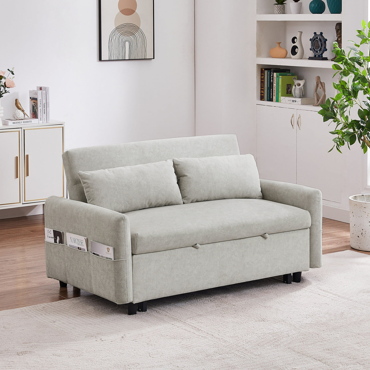 Modern 2 Seat Couch, Microfiber Pull Out Sleep Sofa Bed wih Adjsutable Backrest, Storage Pockets, 2 Soft Pillows, USB Ports