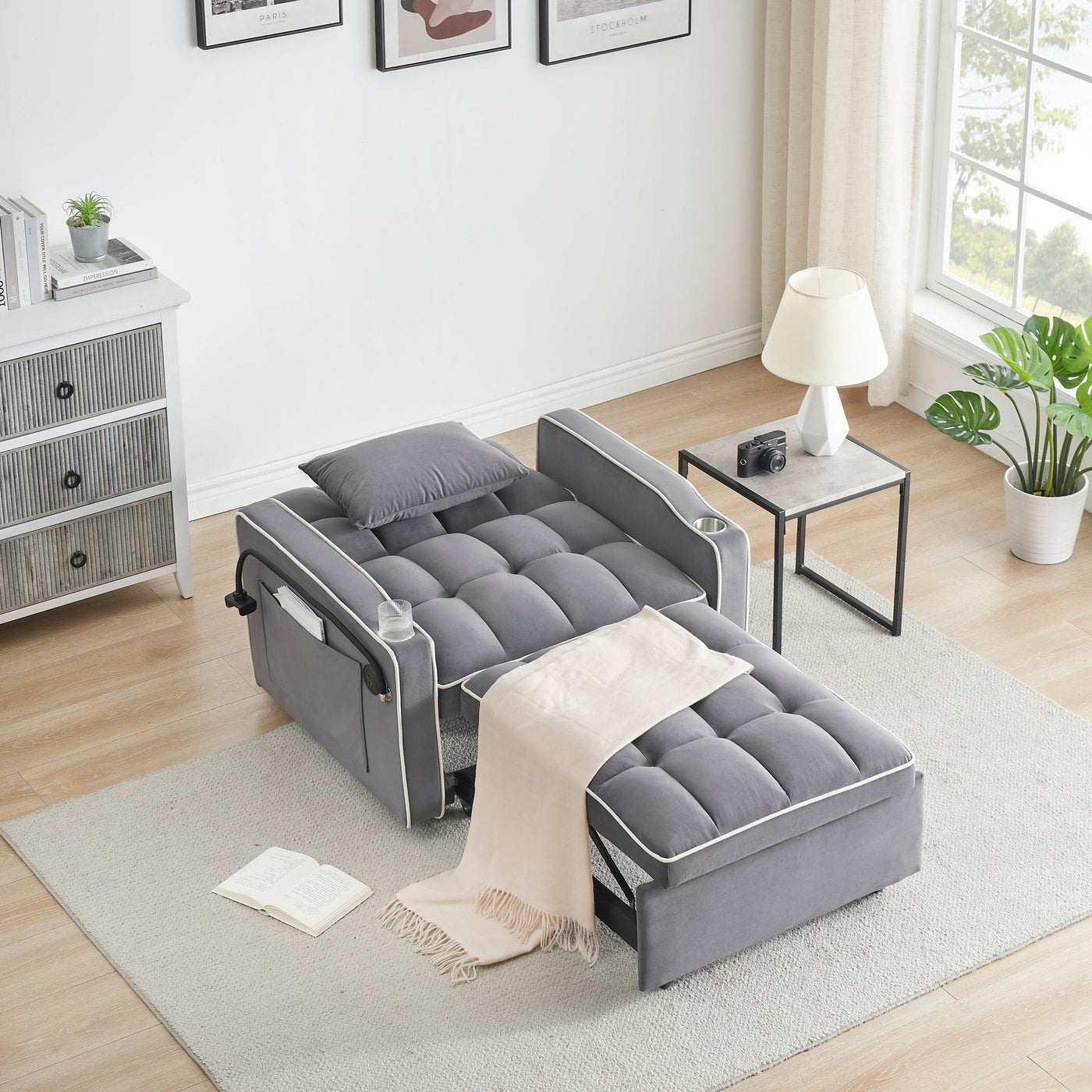 Modern 70.86 3 in 1 Single Convertible Sofa Bed with Adjustable Back and USB Charging Port for Living Room