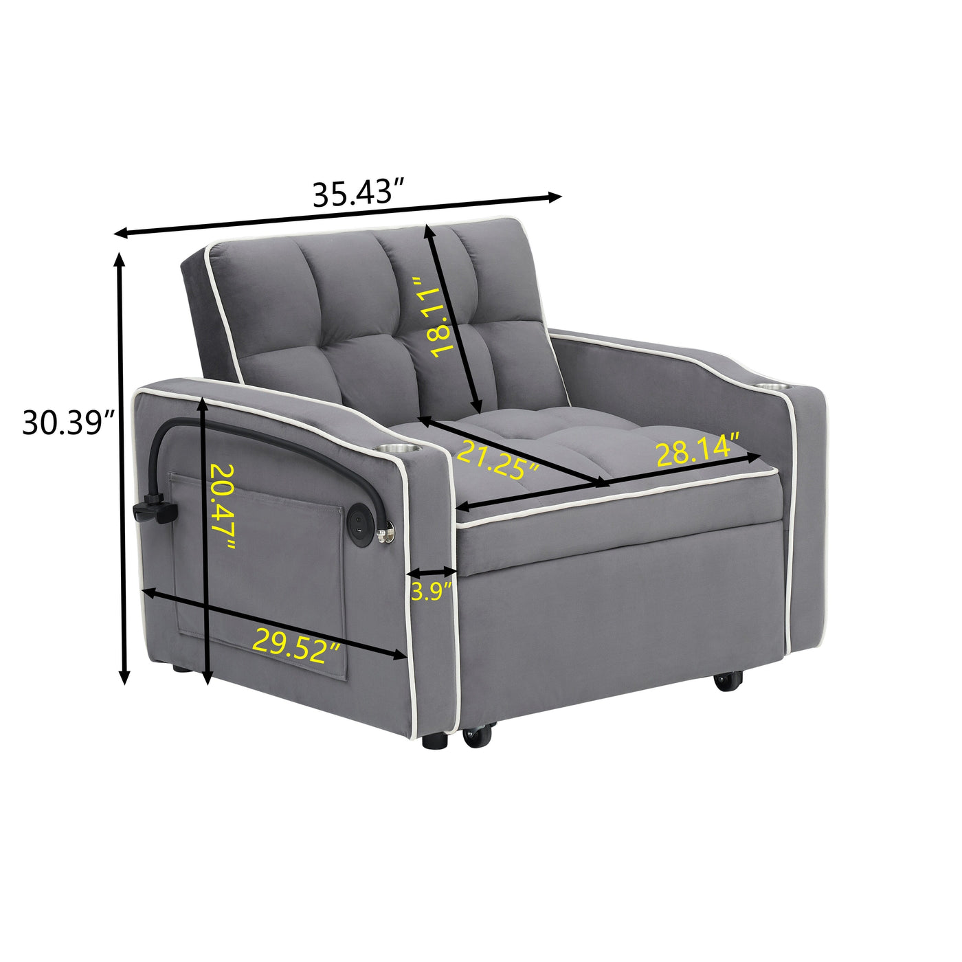 Modern 70.86 3 in 1 Single Convertible Sofa Bed with Adjustable Back and USB Charging Port for Living Room