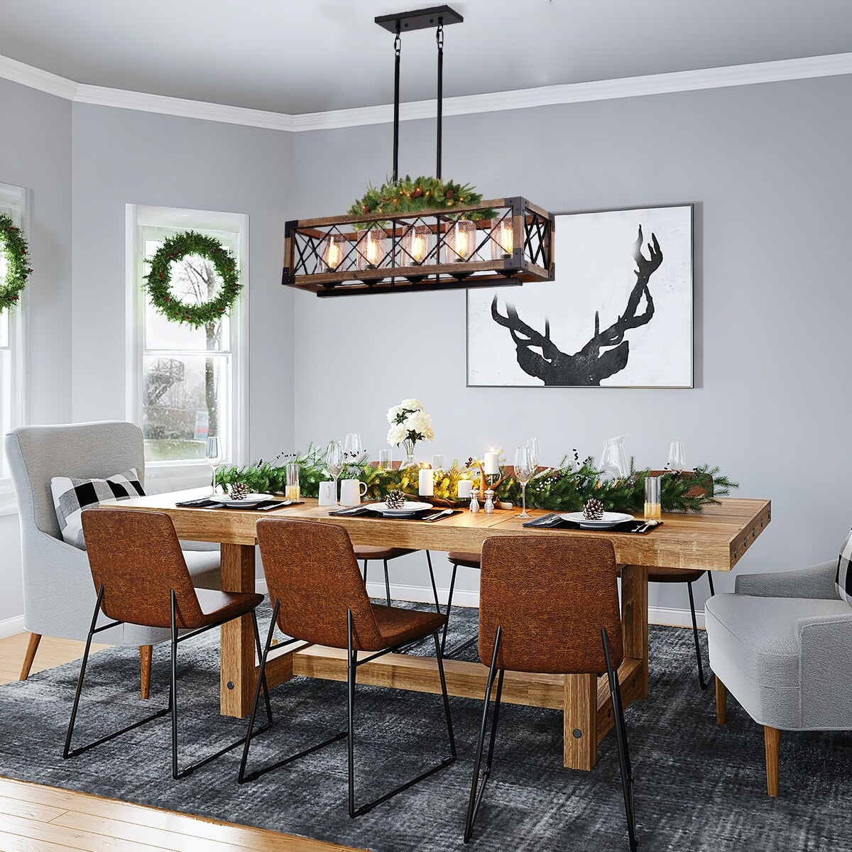 Modern Farmhouse 5-Light Wood Rectangle Chandelier Seeded Glass Kitchen Island Lights for Dining Room - 31.5 L x 8.75 W x 8 H