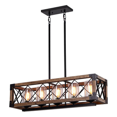 Modern Farmhouse 5-Light Wood Rectangle Chandelier Seeded Glass Kitchen Island Lights for Dining Room - 31.5 L x 8.75 W x 8 H
