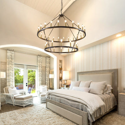 Modern Farmhouse Chandelier 2 Tier Round Wagon Wheel Chandelier Large High Ceiling Light.