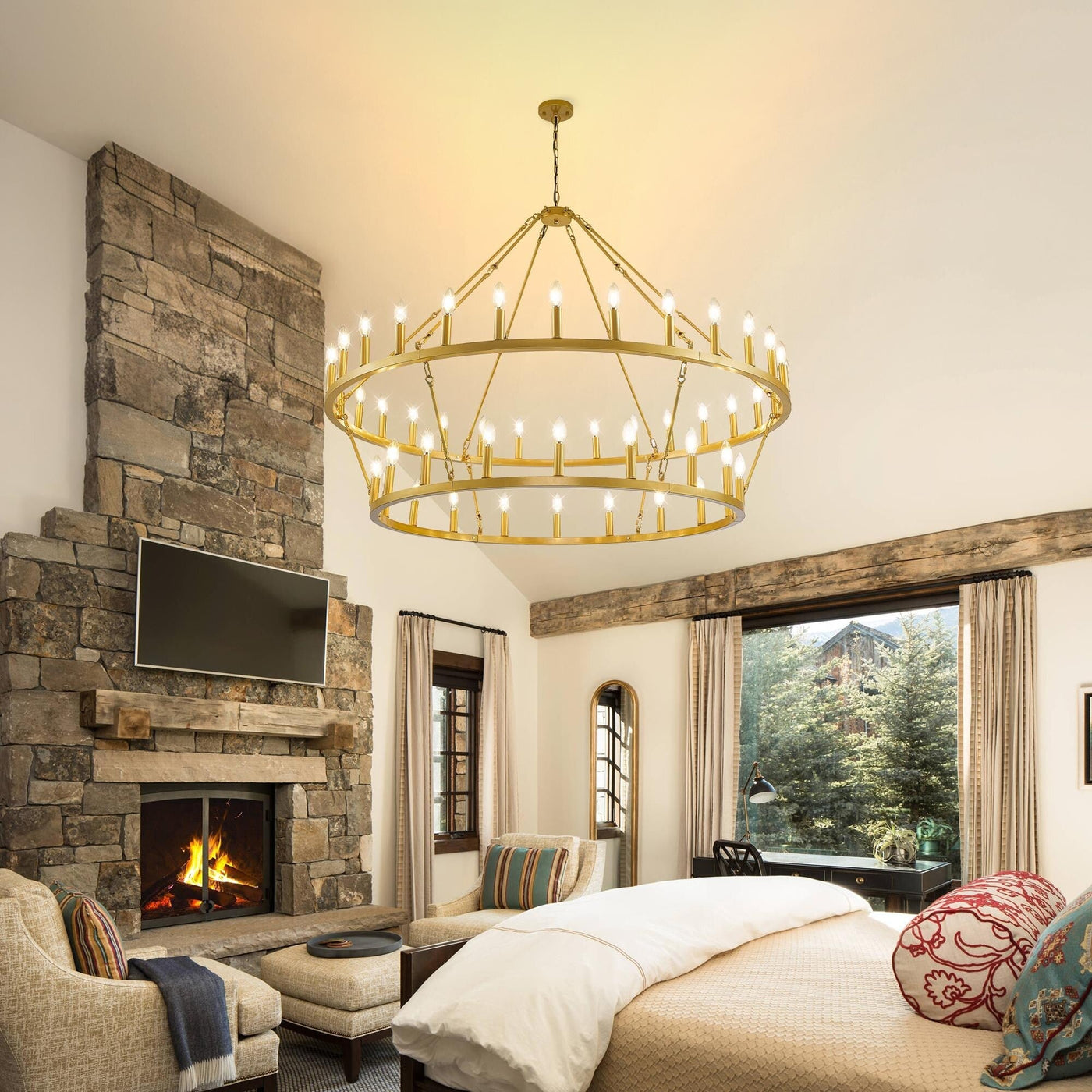 Modern Farmhouse Chandelier 2 Tier Round Wagon Wheel Chandelier Large High Ceiling Light.