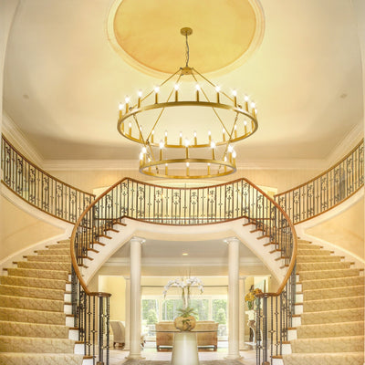 Modern Farmhouse Chandelier 2 Tier Round Wagon Wheel Chandelier Large High Ceiling Light.