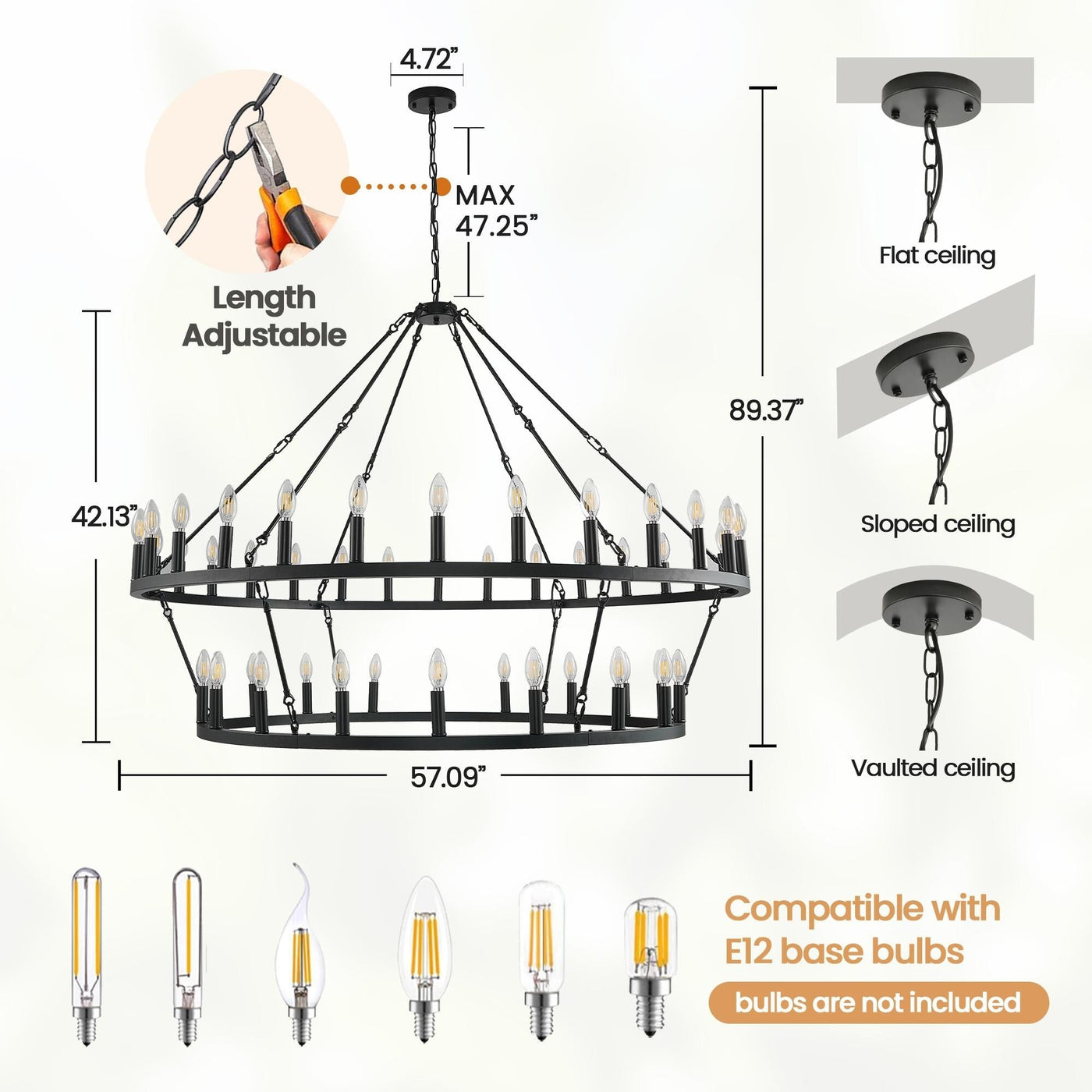 Modern Farmhouse Chandelier 2 Tier Round Wagon Wheel Chandelier Large High Ceiling Light.