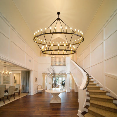 Modern Farmhouse Chandelier 2 Tier Round Wagon Wheel Chandelier Large High Ceiling Light.