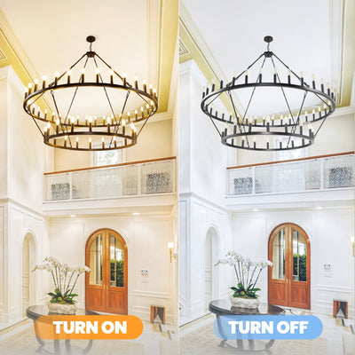 Modern Farmhouse Chandelier 2 Tier Round Wagon Wheel Chandelier Large High Ceiling Light.
