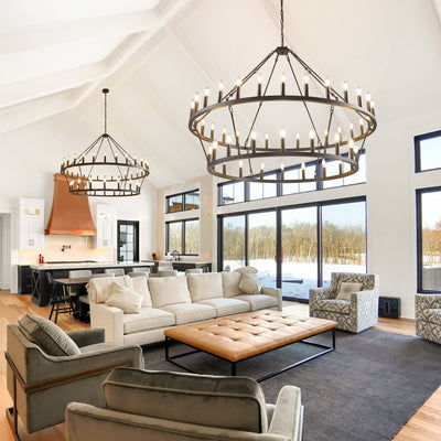 Modern Farmhouse Chandelier 2 Tier Round Wagon Wheel Chandelier Large High Ceiling Light.