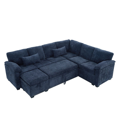 Modern L-Shaped Chenille Sectional Sofa with Pull-Out Sleeper, Storage Seats, Ottoman and 2 Pillows for Living Room