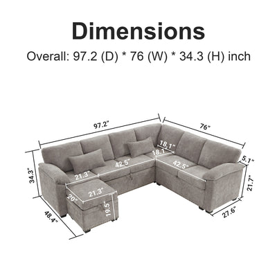 Modern L-Shaped Chenille Sectional Sofa with Pull-Out Sleeper, Storage Seats, Ottoman and 2 Pillows for Living Room