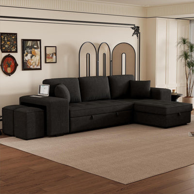 Modern L-Shaped Pull-Out Sectional Sofa Bed with Reversible Chaise, Storage and 2 Stools for Living Room Apartment