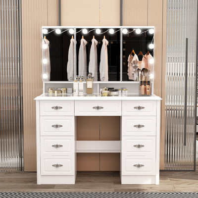 Modern White Makeup Vanity Fold Mirror Adjustable Lighting Dressing - 40.2x54.1