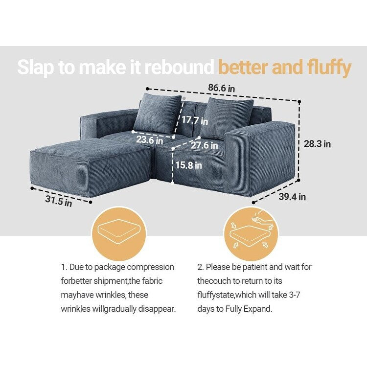 Modular Convertible Sofa Bed 2 Seater Gray Corduroy Velvet