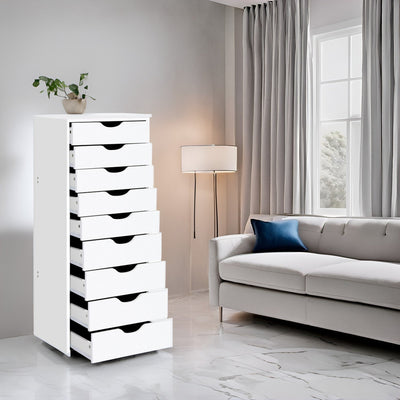 Narrow Wooden 9-Drawer Cabinet with Smooth-Glide Drawers and Top Storage Shelf