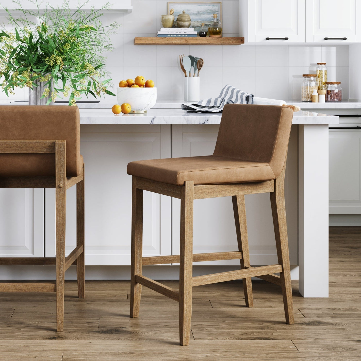Gracie Modern Bar Stool, Boucle Upholstered Chair and Brushed Wooden Legs