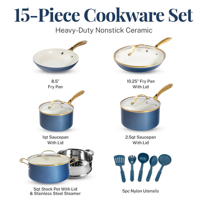 Gotham Steel Natural Collection Pots and Pans 15 Pc Ultra Performance Ceramic Nonstick Cookware Set in Navy