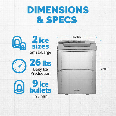 Newair 26 lbs. Countertop Ice Maker, Portable and Lightweight, Intuitive Control, Large or Small Ice Size, BPA Free Parts