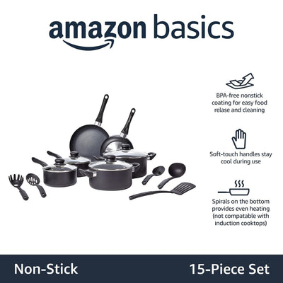 Non-Stick Cookware 15-Piece Set, Pots, Pans and Utensils, Black