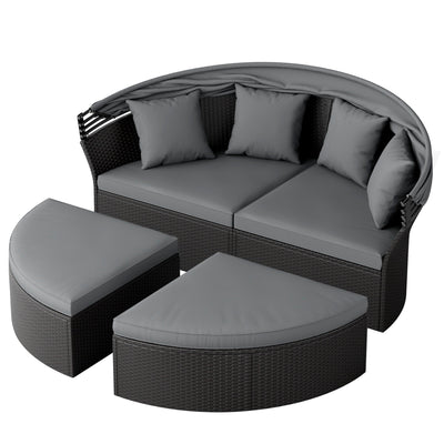 Nuon 4-piece Outdoor Black Wicker Patio Round Daybed Sectional Sofa Set with Retractable Canopy by Havenside Home