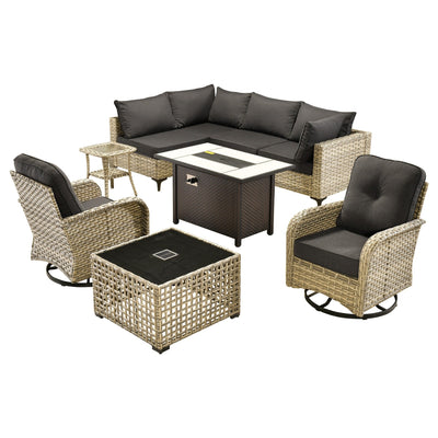 OVIOS 9 Pieces Outdoor Wicker Swivel Chair Set With Fire Table