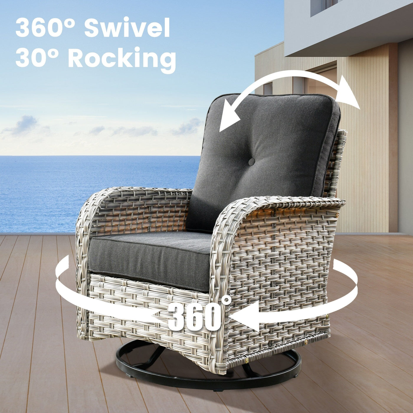 OVIOS 9 Pieces Outdoor Wicker Swivel Chair Set With Fire Table