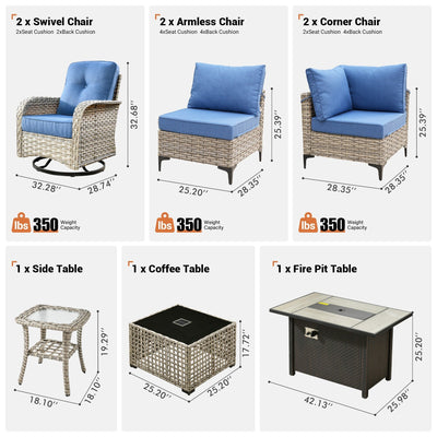 OVIOS 9 Pieces Outdoor Wicker Swivel Chair Set With Fire Table