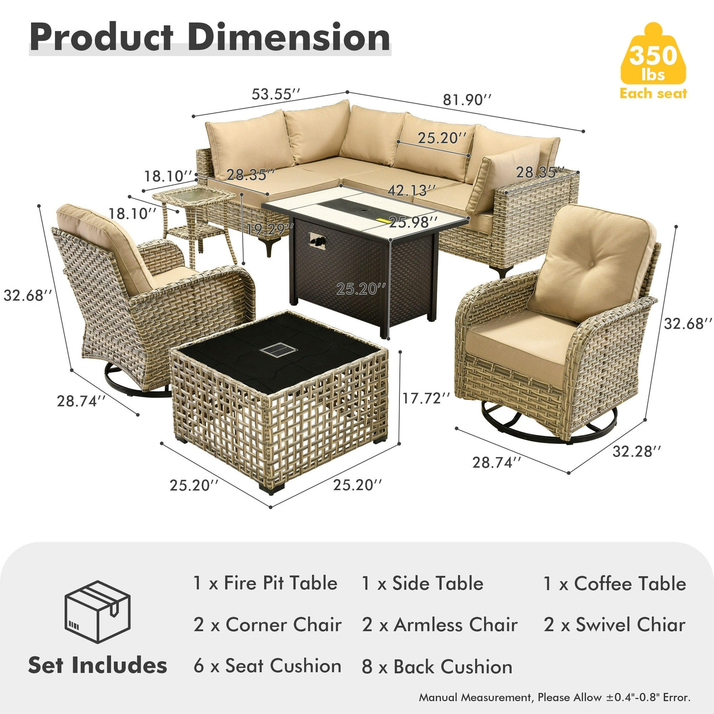 OVIOS 9 Pieces Outdoor Wicker Swivel Chair Set With Fire Table