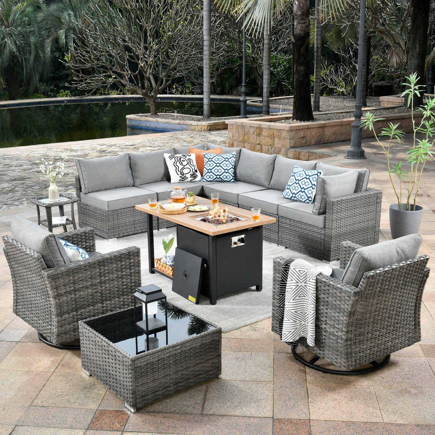OVIOS Deep Seat Wicker 11-piece Sectional Set Swivel Chairs Fire Pit