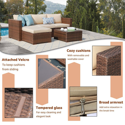5-piece Outdoor Wicker Sectional Sofa Set with Cushions