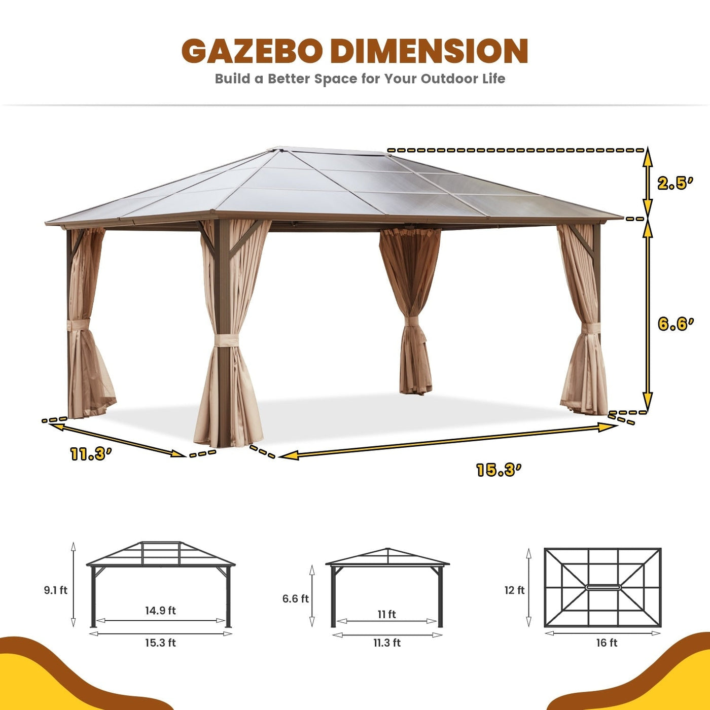 EROMMY Hardtop Gazebo,Outdoor Pergola with Double Roof & Netting & Curtains,Heavy Duty Canopy for Patio, Backyard, Pool party