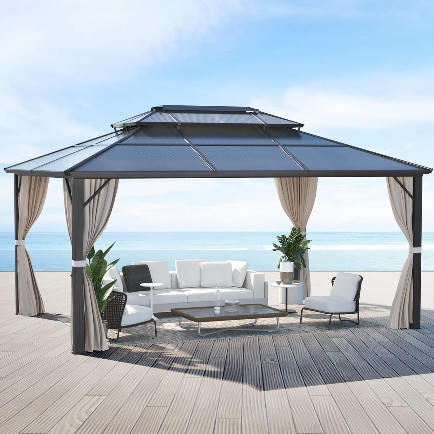 EROMMY Hardtop Gazebo,Outdoor Pergola with Double Roof & Netting & Curtains,Heavy Duty Canopy for Patio, Backyard, Pool party