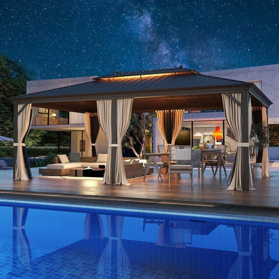 Outdoor Hardtop Gazebo with Galvanized Steel Double Roof & Aluminum Frame, Outdoor pergola with Premium Curtains and Nettings