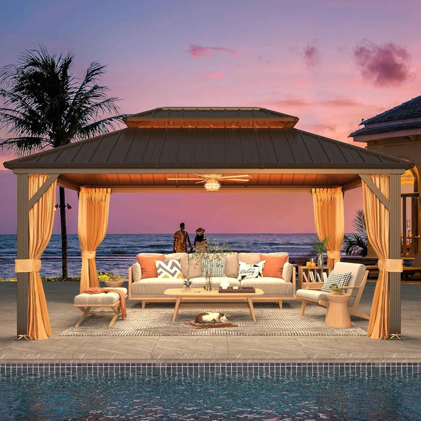 Outdoor Hardtop Gazebo with Galvanized Steel Double Roof & Aluminum Frame, Outdoor pergola with Premium Curtains and Nettings