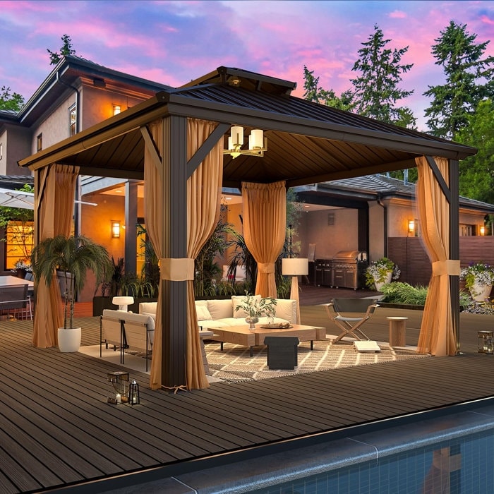 Outdoor Hardtop Gazebo with Galvanized Steel Double Roof & Aluminum Frame, Outdoor pergola with Premium Curtains and Nettings