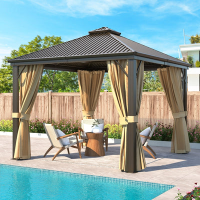 Outdoor Hardtop Gazebo with Galvanized Steel Double Roof & Aluminum Frame, Outdoor pergola with Premium Curtains and Nettings