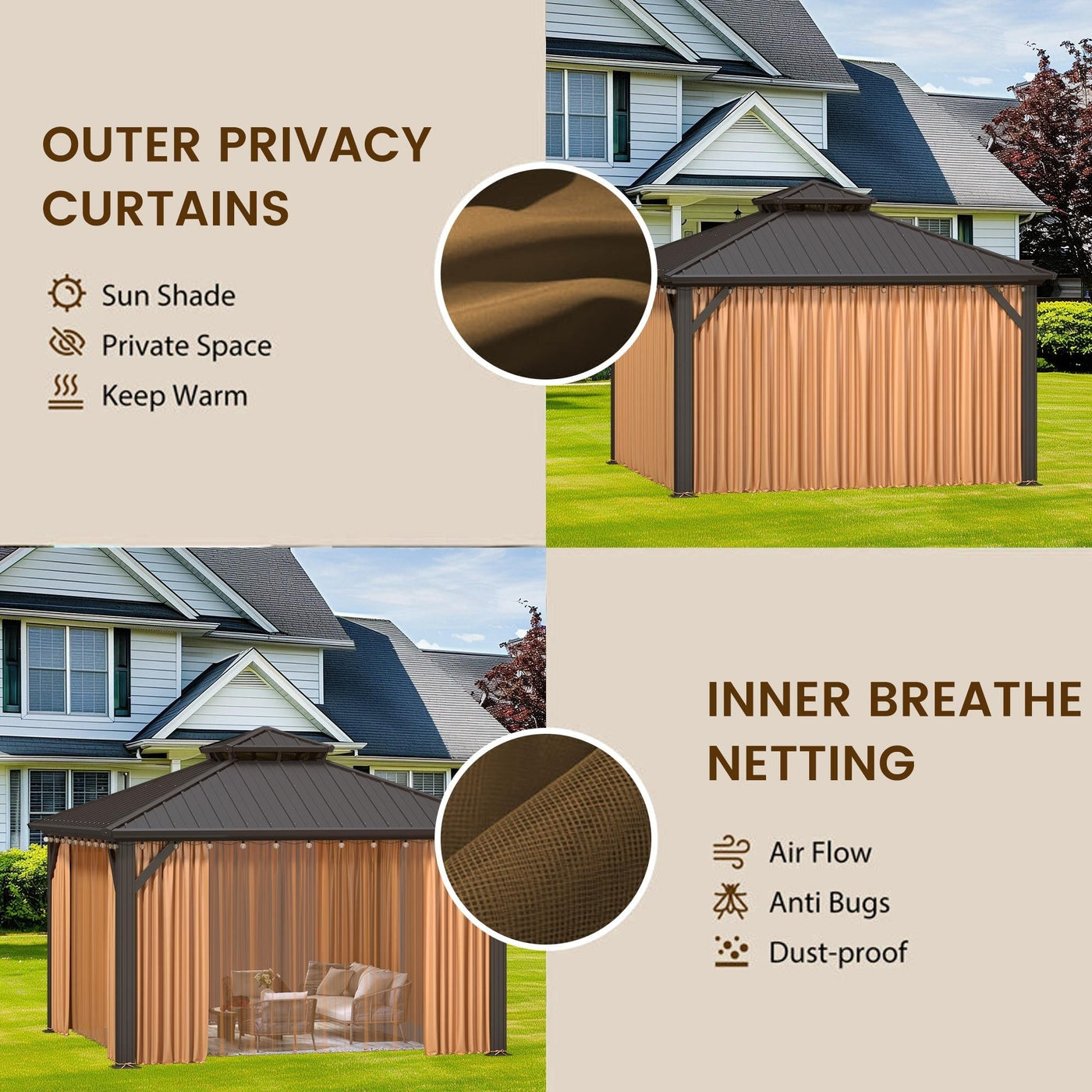 Outdoor Hardtop Gazebo with Galvanized Steel Double Roof & Aluminum Frame, Outdoor pergola with Premium Curtains and Nettings