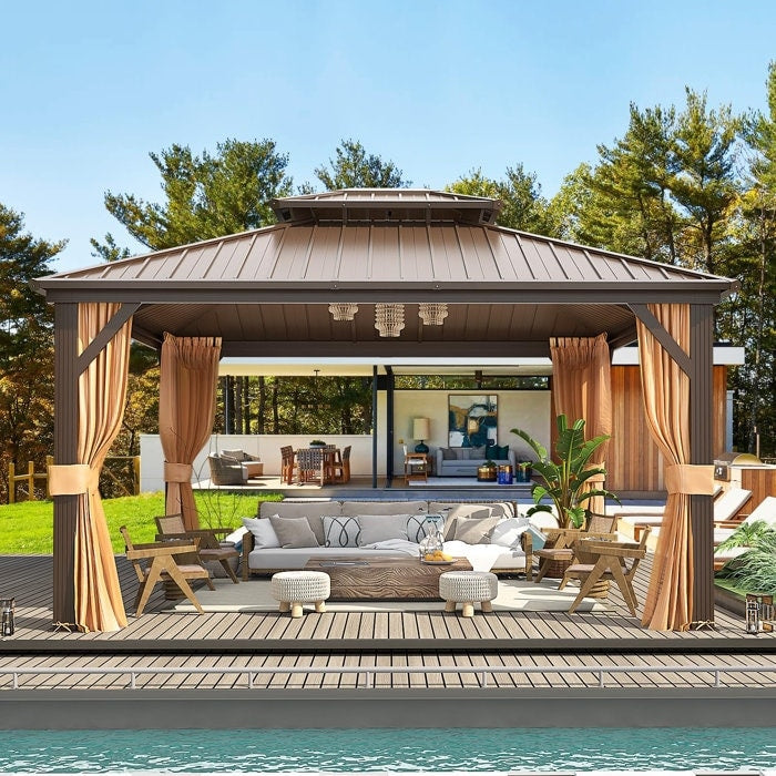 Outdoor Hardtop Gazebo with Galvanized Steel Double Roof & Aluminum Frame, Outdoor pergola with Premium Curtains and Nettings