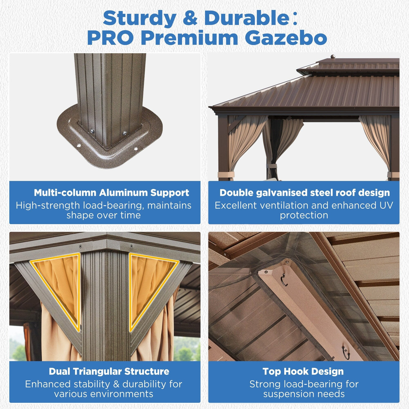 Outdoor Hardtop Gazebo with Galvanized Steel Double Roof & Aluminum Frame, Outdoor pergola with Premium Curtains and Nettings